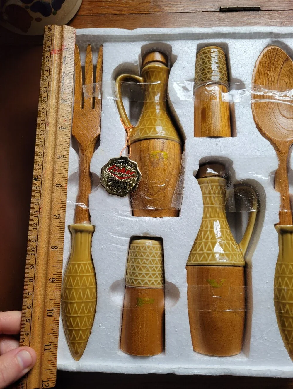 Vtg House of Fisher 6pc Salad Condiment Set MCM Wood Ceramic Japan In Styrofoam